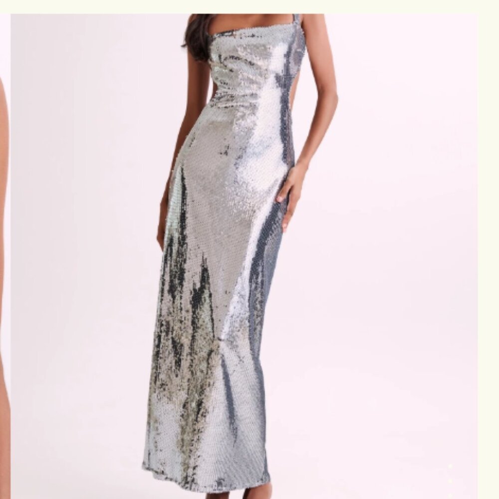 Meshki Adoria Sequin Cut Out Maxi Dress - Silver, Size Small, Worn Once